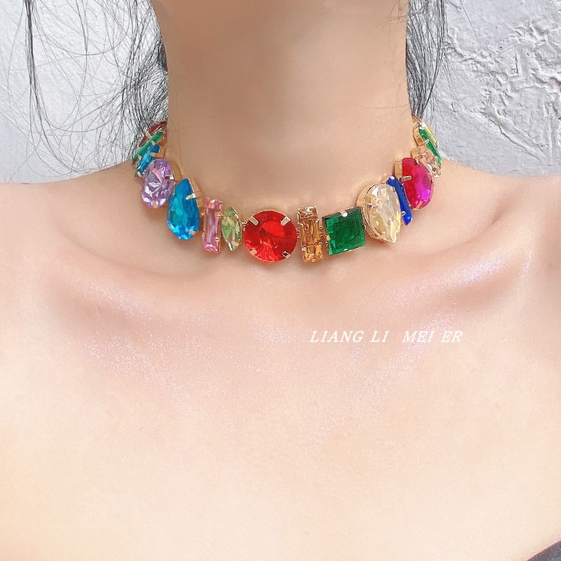 夸张不规则彩虹水晶糖果色项链夏潮轻奢气质高级感锁骨链时尚颈链