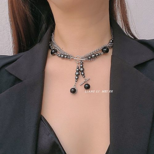 金属钛钢多层链女黑色珍珠锁骨链