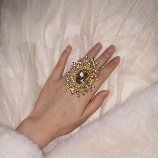 中古夸张超闪椭圆香槟金水钻开口戒指女时尚轻奢气质高级感指环潮