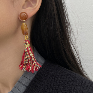 复古奶油亚克力长毛线流苏耳环女夸张高级感耳钉彩色气质耳坠耳饰