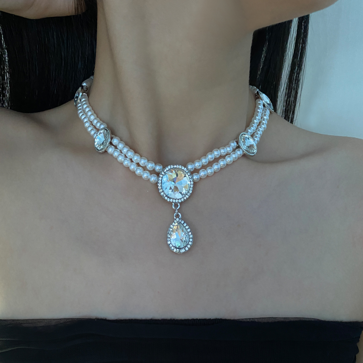 金属珍珠多层镶钻水滴颈链锁骨链