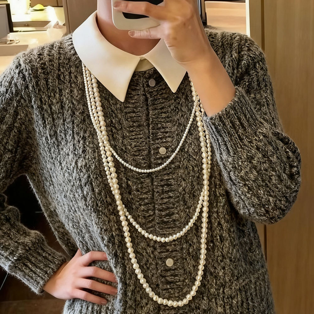 潮三层叠戴珍珠长款毛衣链女轻奢简约高级感礼服项链个性气质配饰