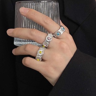 民族风金属重工镶钻花朵锆石镶嵌开口戒指女新中式纹理感小众指环