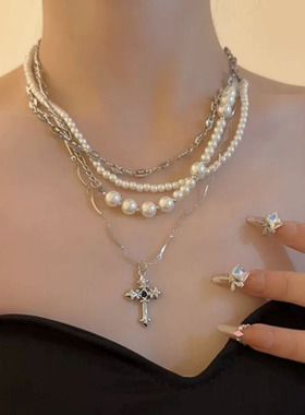 金属链多层叠戴珍珠十字架项链女
