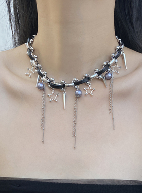 金属皮质金属链女星星流苏项链