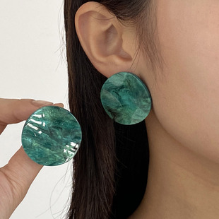 复古松石绿人鱼姬几何圆形耳钉无耳洞耳夹女不规则高级感个性耳环