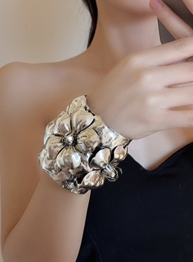 复古金属花朵开口手镯女宽版气质