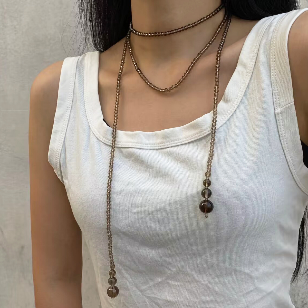 水晶串珠长渐变圆珠叠带项链颈链