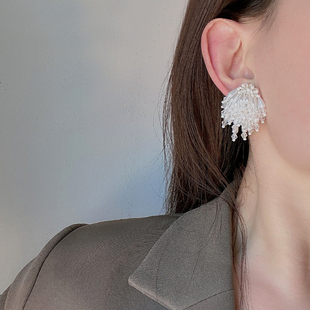 超仙少女串珠水晶珍珠花朵耳环无耳洞耳夹复古流苏闪耳饰