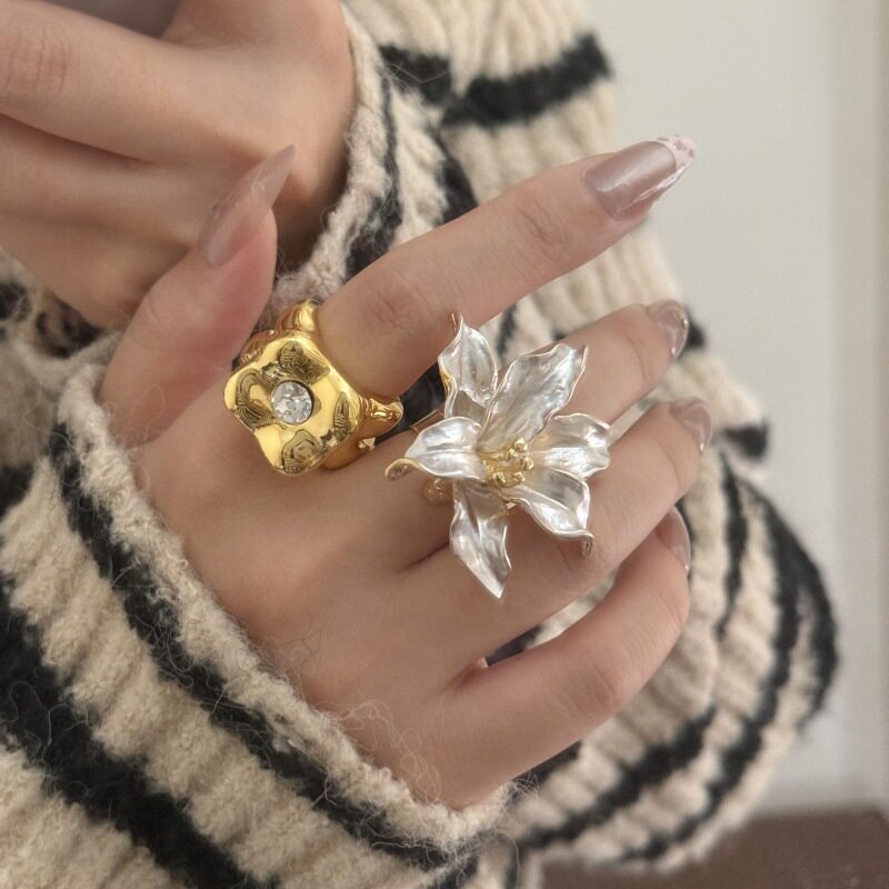 法式复古金属滴釉郁金香开口可调戒指女轻奢高级感方形镶锆指环潮