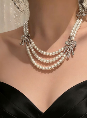 满钻蝴蝶结复古多层珍珠长项链女