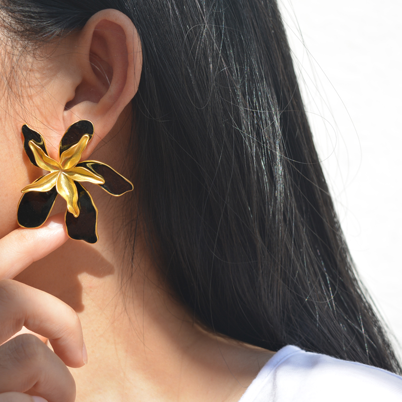 金属复古黑色女大花朵耳钉耳饰