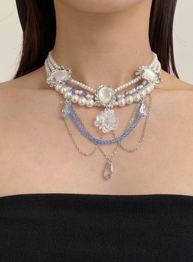 花朵水滴流苏多层仿珍珠项链女