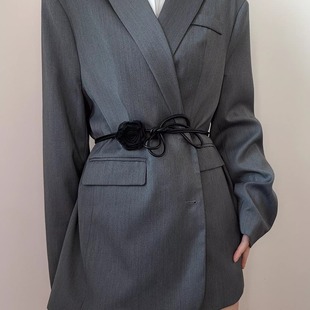 黑色花朵细皮绳腰带女秋冬新款时尚配裙子衬衫连衣裙装饰腰链长款