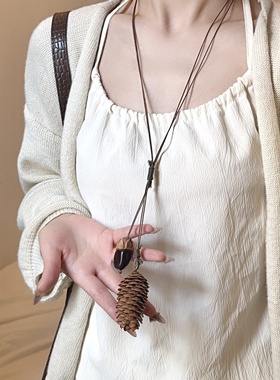 新中式复古橡果皮绳长款项链女民族风高级感毛衣链小众设计配饰