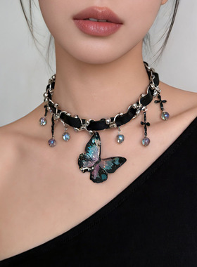 黑色皮质渐变蝴蝶吊坠项链项圈女