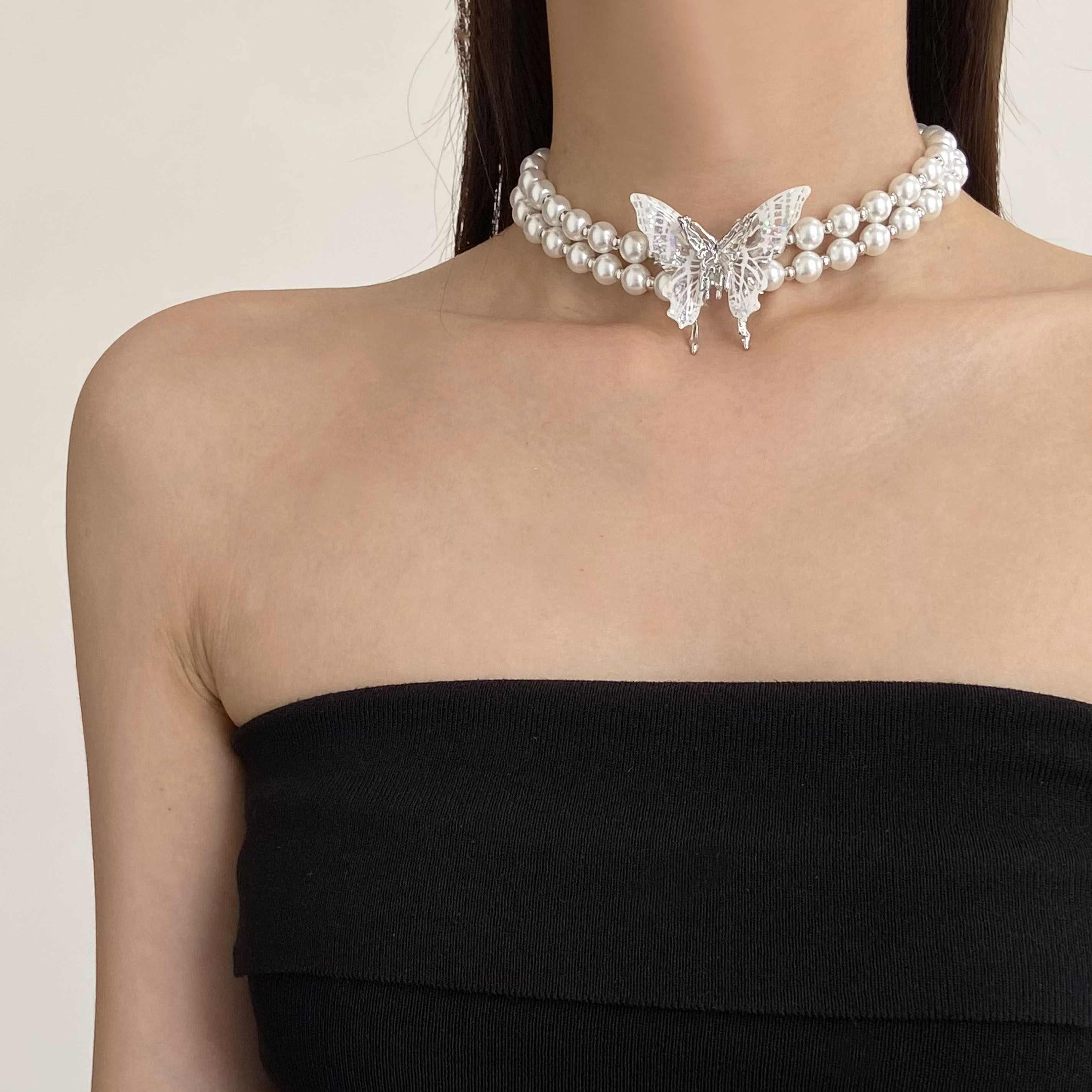 双层珍珠镶钻蝴蝶项链女短颈链