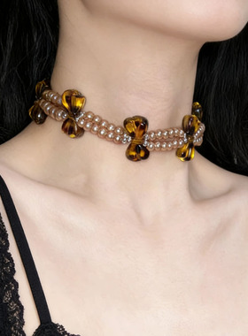 豹纹蝴蝶结双层珍珠串珠项链锁骨