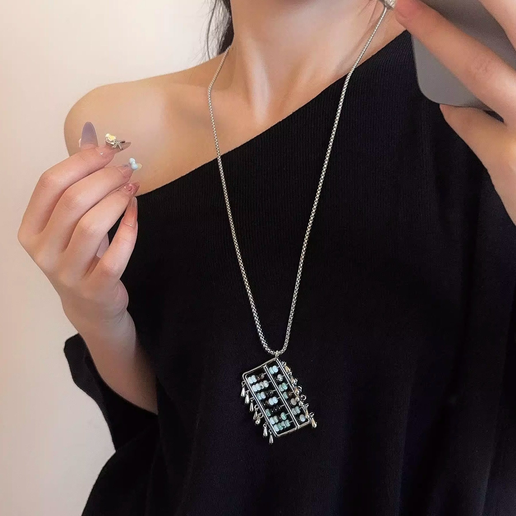 金属几何算盘天然石长款毛衣链链