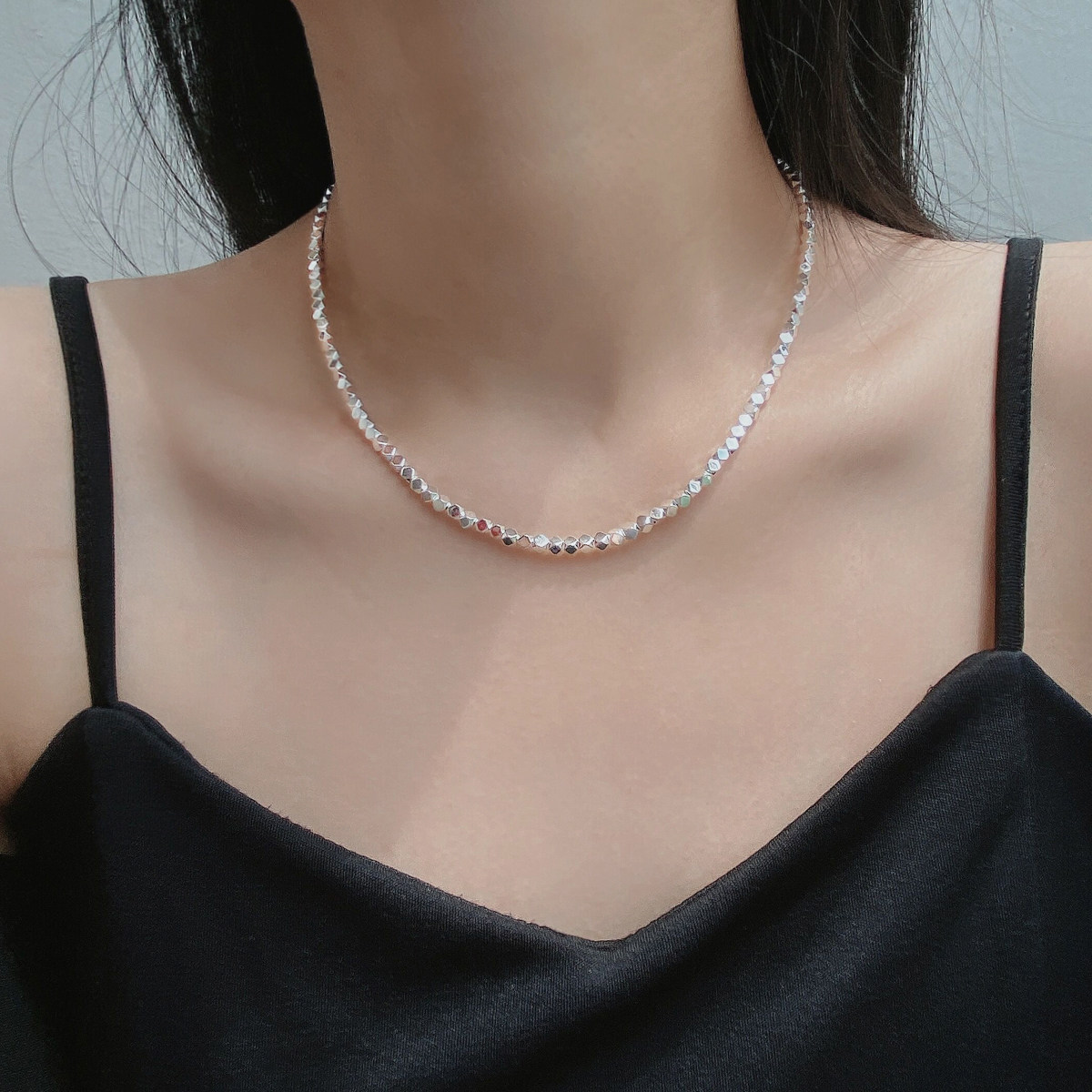 金属菱形方块女碎银子锁骨项链