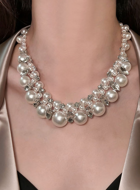 法式闪钻多层珍珠choker项链女