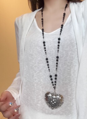 复古vintage雕刻爱心吊坠项链女