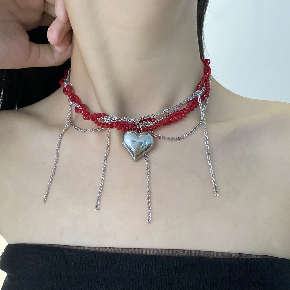 金属双层女爱心流苏项链锁骨链