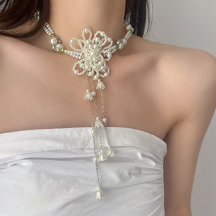 法式水晶编织串珠流苏颈链珍珠花朵婚礼项链小众气质锁骨链choker