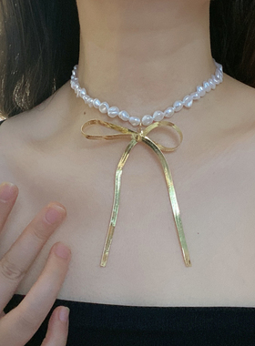 金属蝴蝶结女异型不规则珍珠项链
