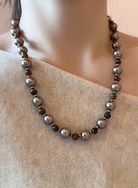 灰色珍珠虎石款珍珠拼接项链女款