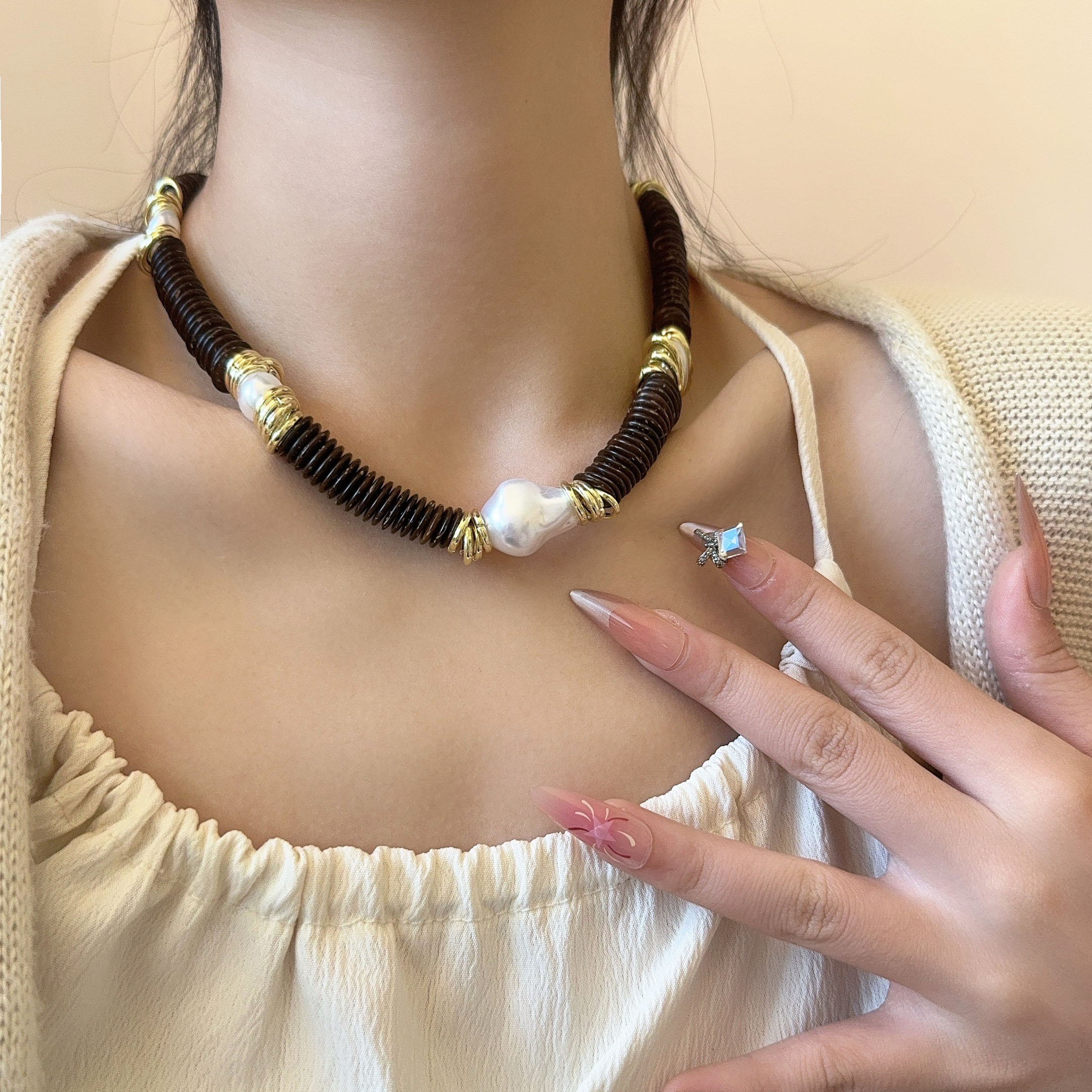 复古椰壳异形巴洛克珍珠项链颈链