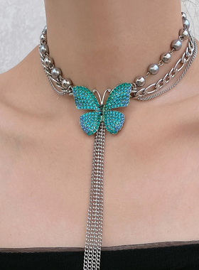 金属长流苏镶钻蓝蝴蝶项链锁骨链