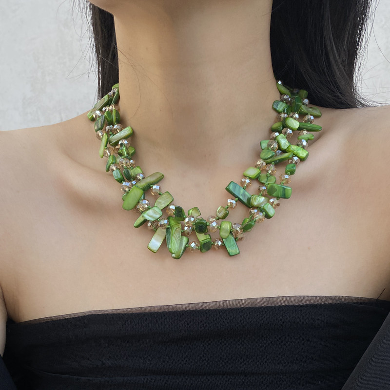 欧美复古绿色贝壳多层叠戴项链波西米亚轻奢水晶串珠锁骨链颈链潮