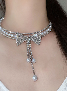 公主千金风闪锆蝴蝶结仿珍珠项链