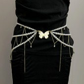 珍珠多层金属链流苏腰链女夜店风金属蝴蝶超仙辣妹身体链串珠腰带