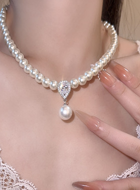 微镶闪钻水滴珍珠项链配饰毛衣链