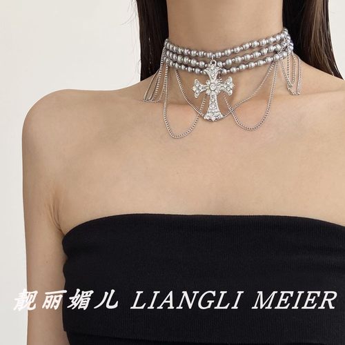 辣妹多层叠戴十字架锁骨链项链