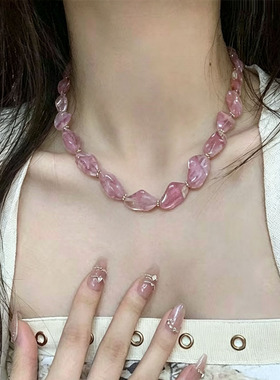 粉水晶碎石不规则石头串珠项链女