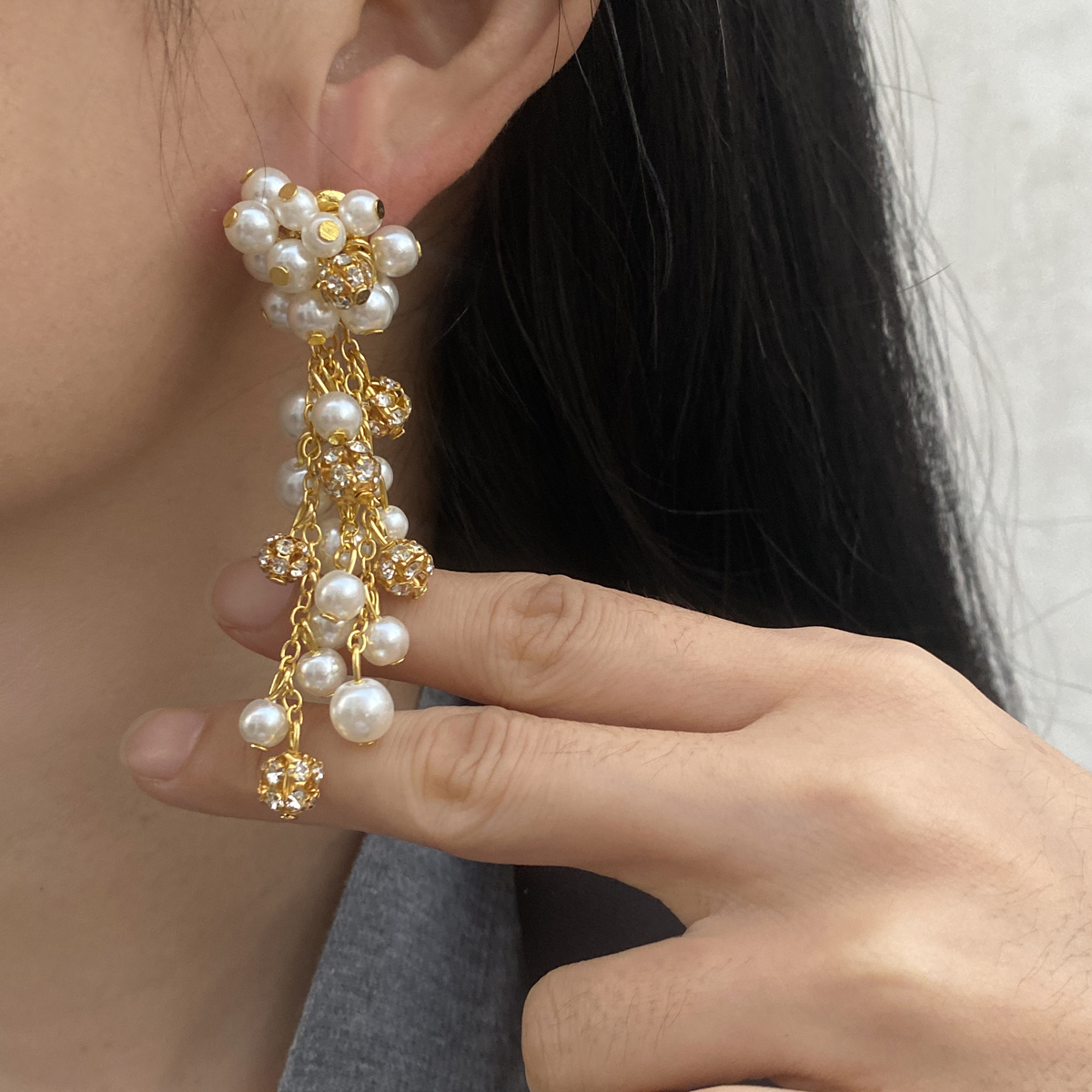 复古串珠镶钻圆球葡萄串耳环耳钉