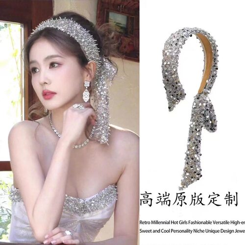 时尚闪亮银色亮片流苏发带宽发箍