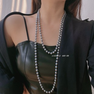施家银灰真多麻灰色超长款珍珠毛衣链女秋冬轻奢小众双层叠戴项链