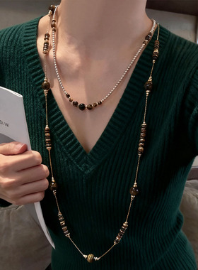 复古美拉德串珠虎眼石叠戴项链