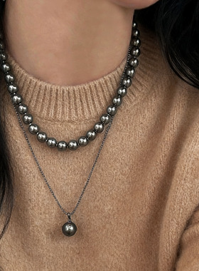 真多麻银灰色叠戴珍珠毛衣链项链