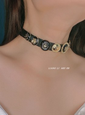 金属皮革拼接女多元素山茶花项链