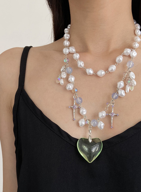巴洛克仿珍珠透明爱心琉璃项链女