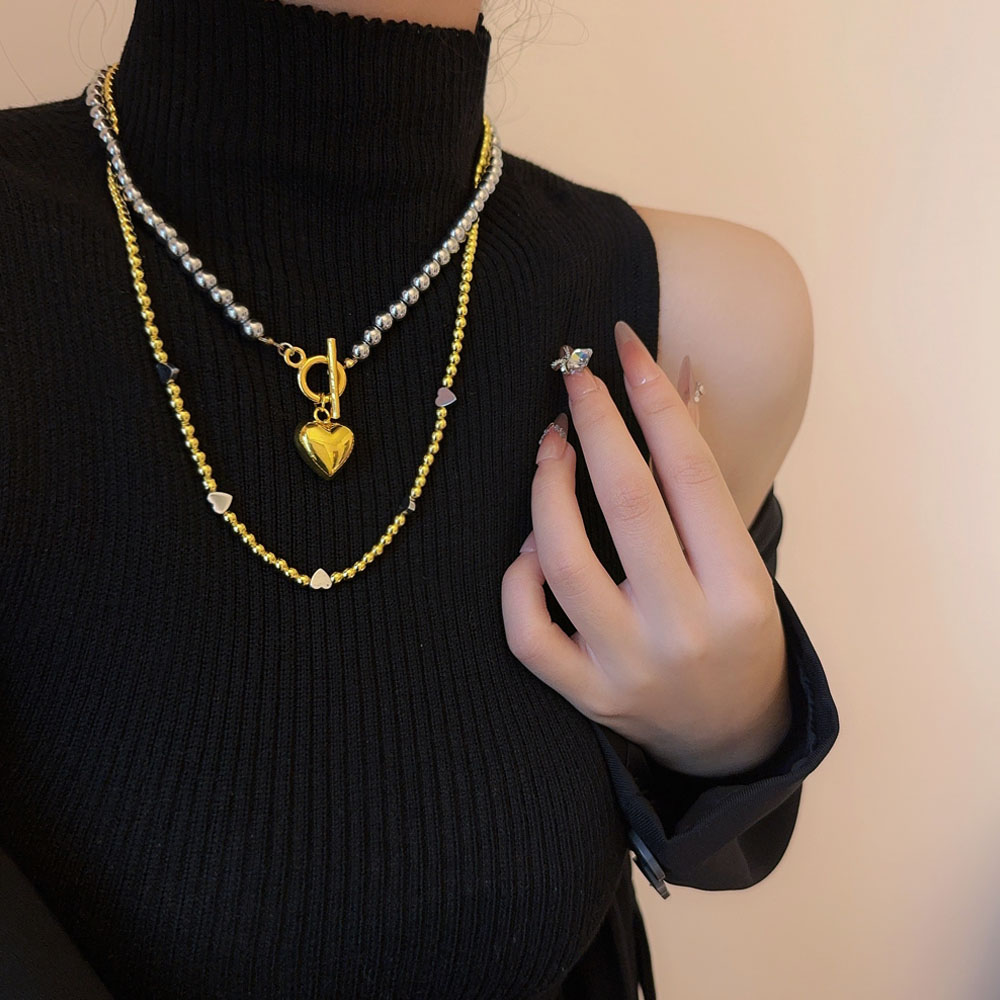 金属串珠双层叠戴爱心项链颈链