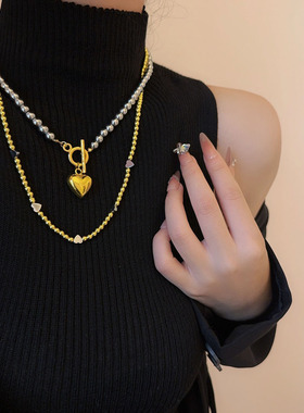 金属串珠双层叠戴爱心项链颈链