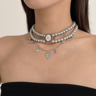 灰色珍珠双层叠戴项链女复古民族风亮片流苏高级感choker锁骨链
