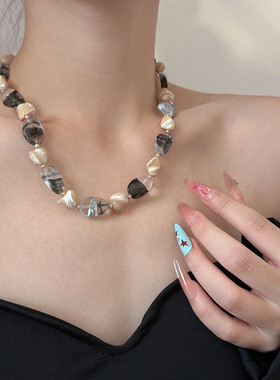 异形灰水晶不规则天然石串珠项链