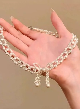 复古镂空串珠蝴蝶结choker项链